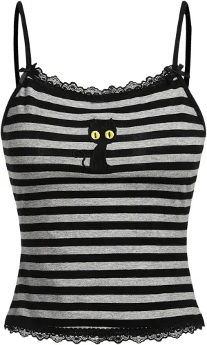 SOLY HUX Women's Y2k Lace Striped Cami Crop Tops Spaghetti Strap Cat Embroidery Camisole