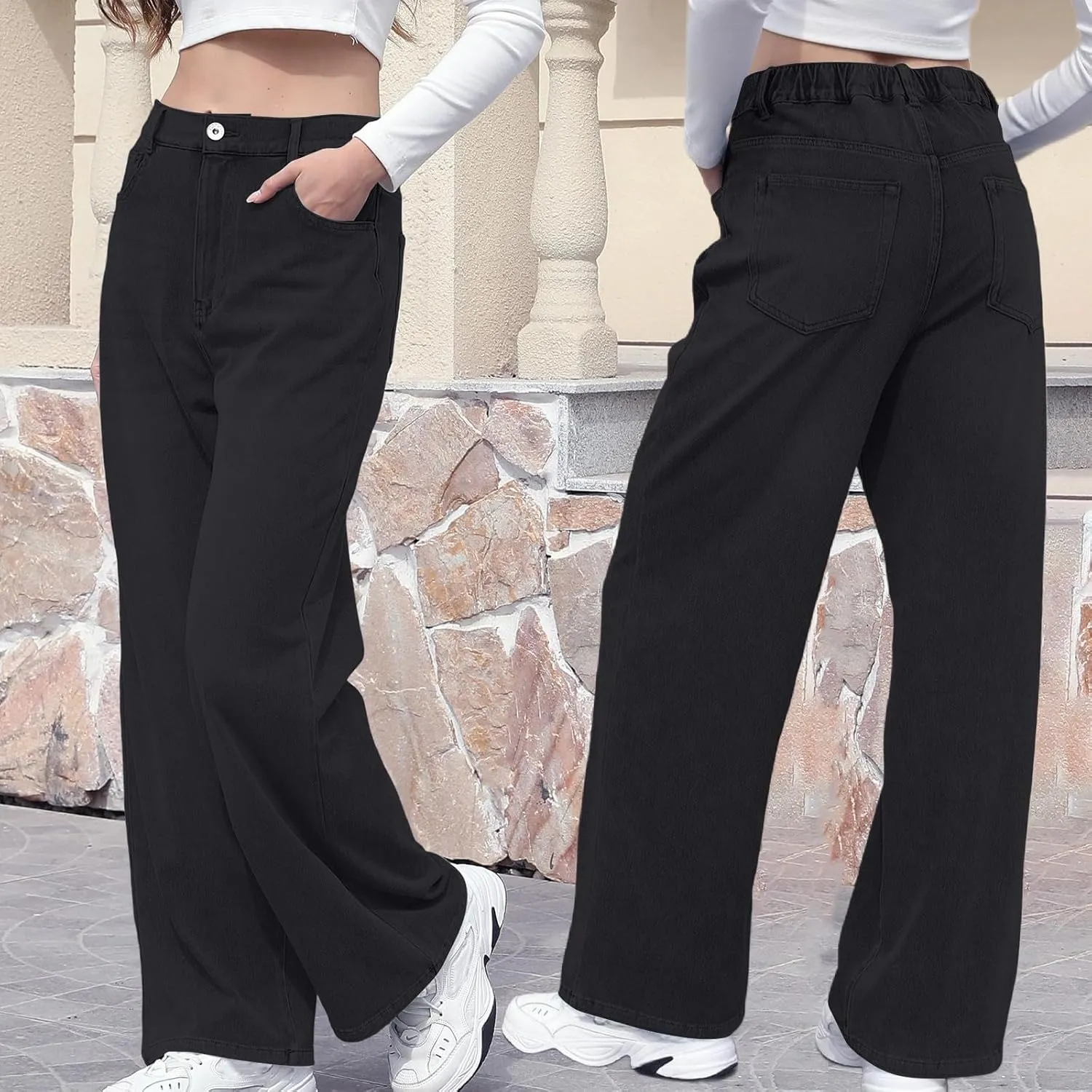 Straight Leg Jeans for Women Casual Elastic High Waisted Denim Pants with Pockets Classic Baggy Y2K Pull On Jean