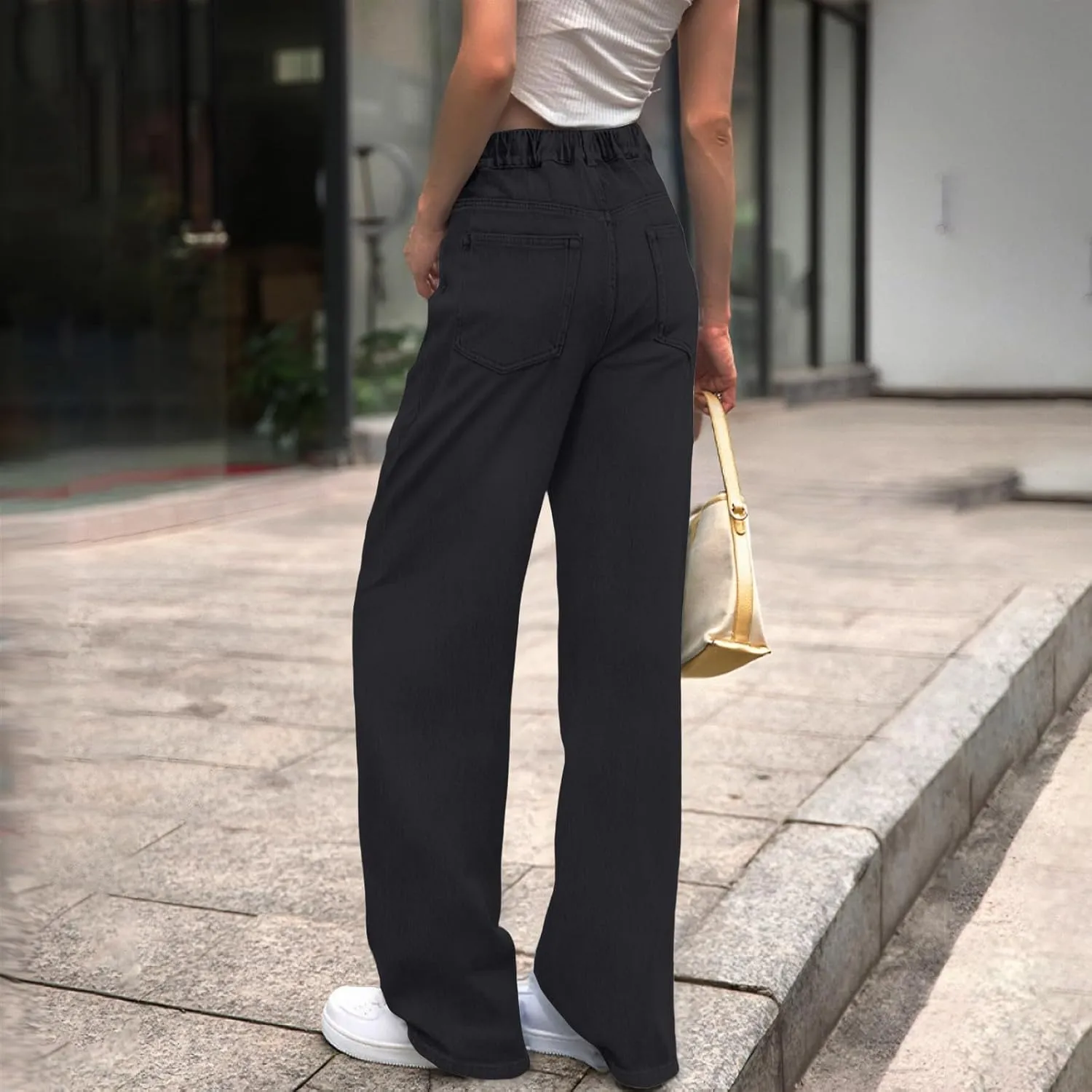 Straight Leg Jeans for Women Casual Elastic High Waisted Denim Pants with Pockets Classic Baggy Y2K Pull On Jean