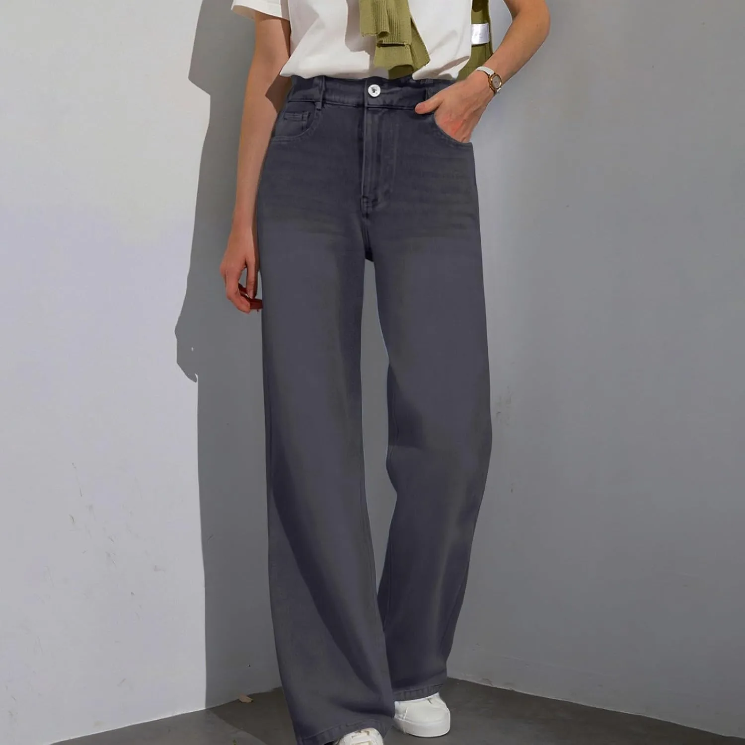Straight Leg Jeans for Women Casual Elastic High Waisted Denim Pants with Pockets Classic Baggy Y2K Pull On Jean