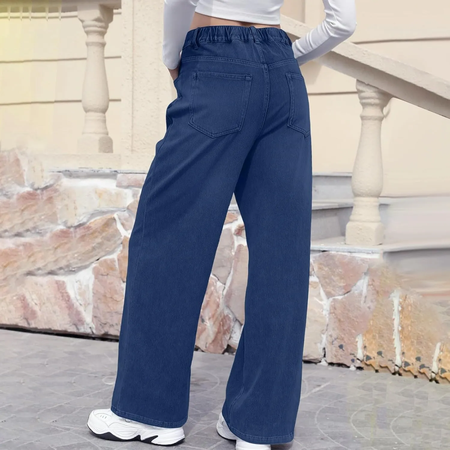 Straight Leg Jeans for Women Casual Elastic High Waisted Denim Pants with Pockets Classic Baggy Y2K Pull On Jean