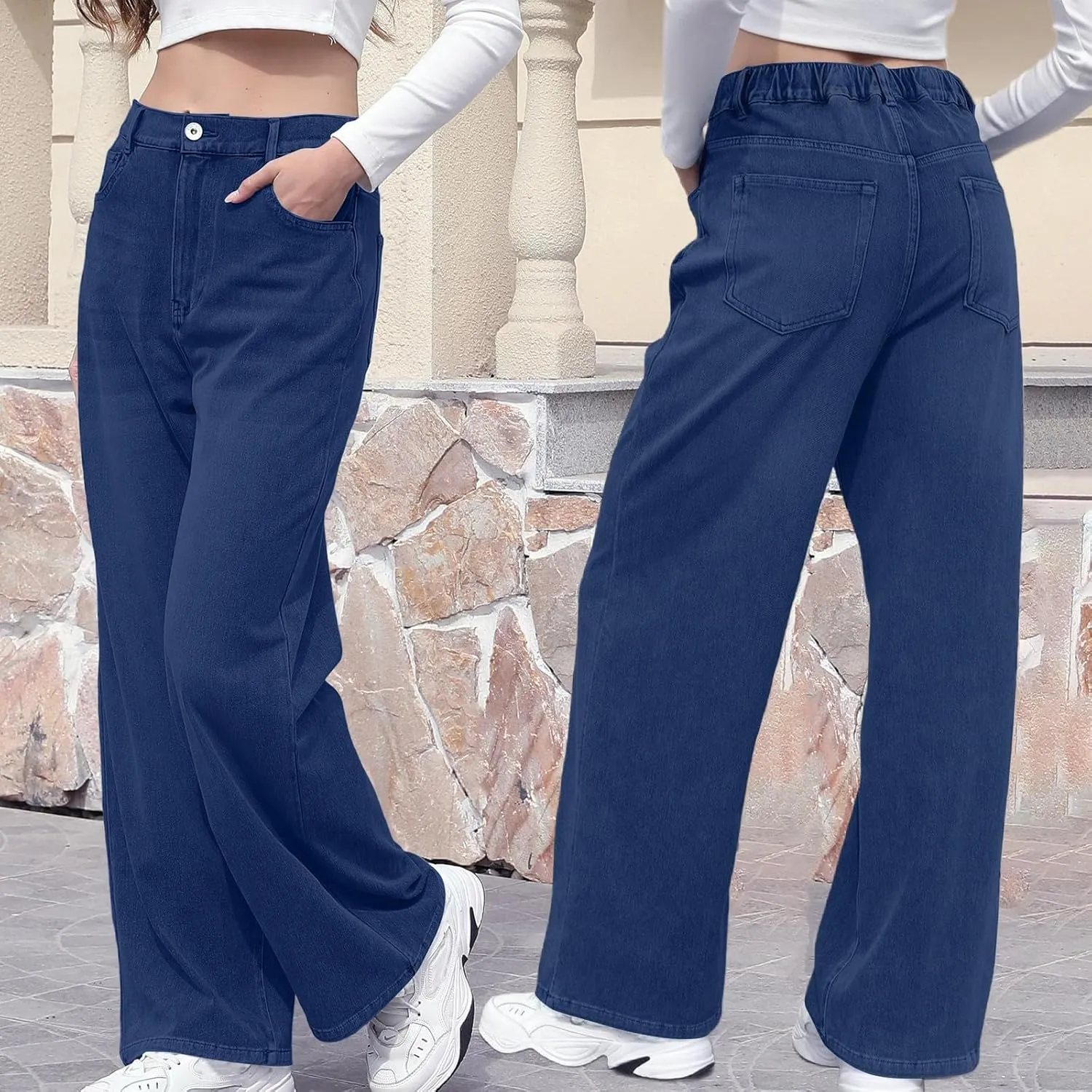 Straight Leg Jeans for Women Casual Elastic High Waisted Denim Pants with Pockets Classic Baggy Y2K Pull On Jean