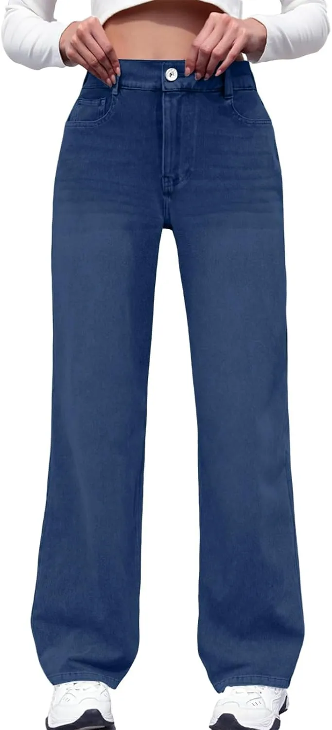 Straight Leg Jeans for Women Casual Elastic High Waisted Denim Pants with Pockets Classic Baggy Y2K Pull On Jean