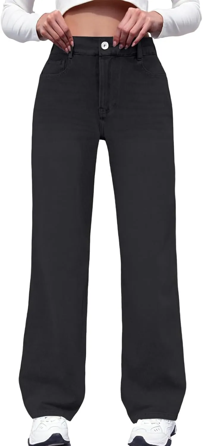 Straight Leg Jeans for Women Casual Elastic High Waisted Denim Pants with Pockets Classic Baggy Y2K Pull On Jean