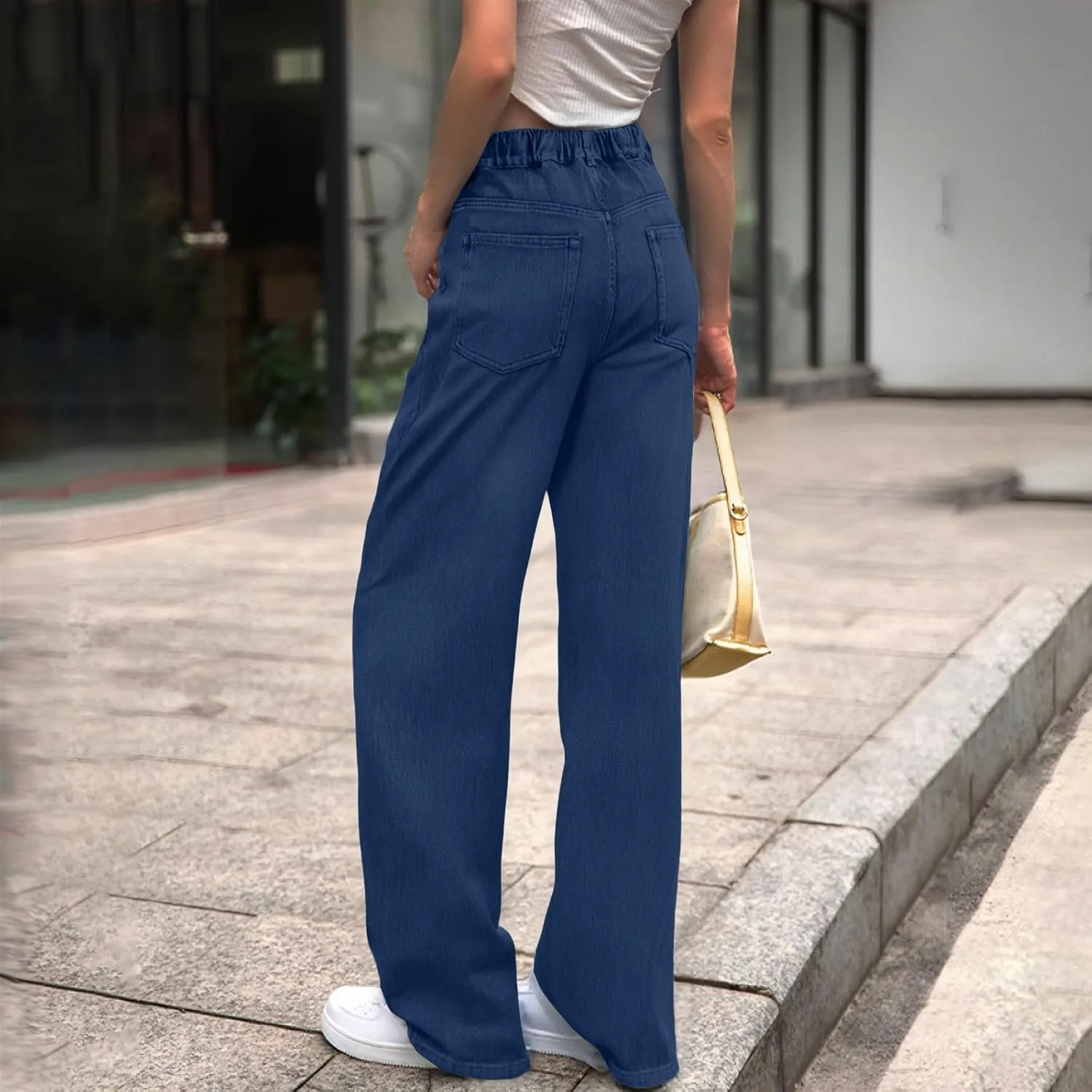 Straight Leg Jeans for Women Casual Elastic High Waisted Denim Pants with Pockets Classic Baggy Y2K Pull On Jean