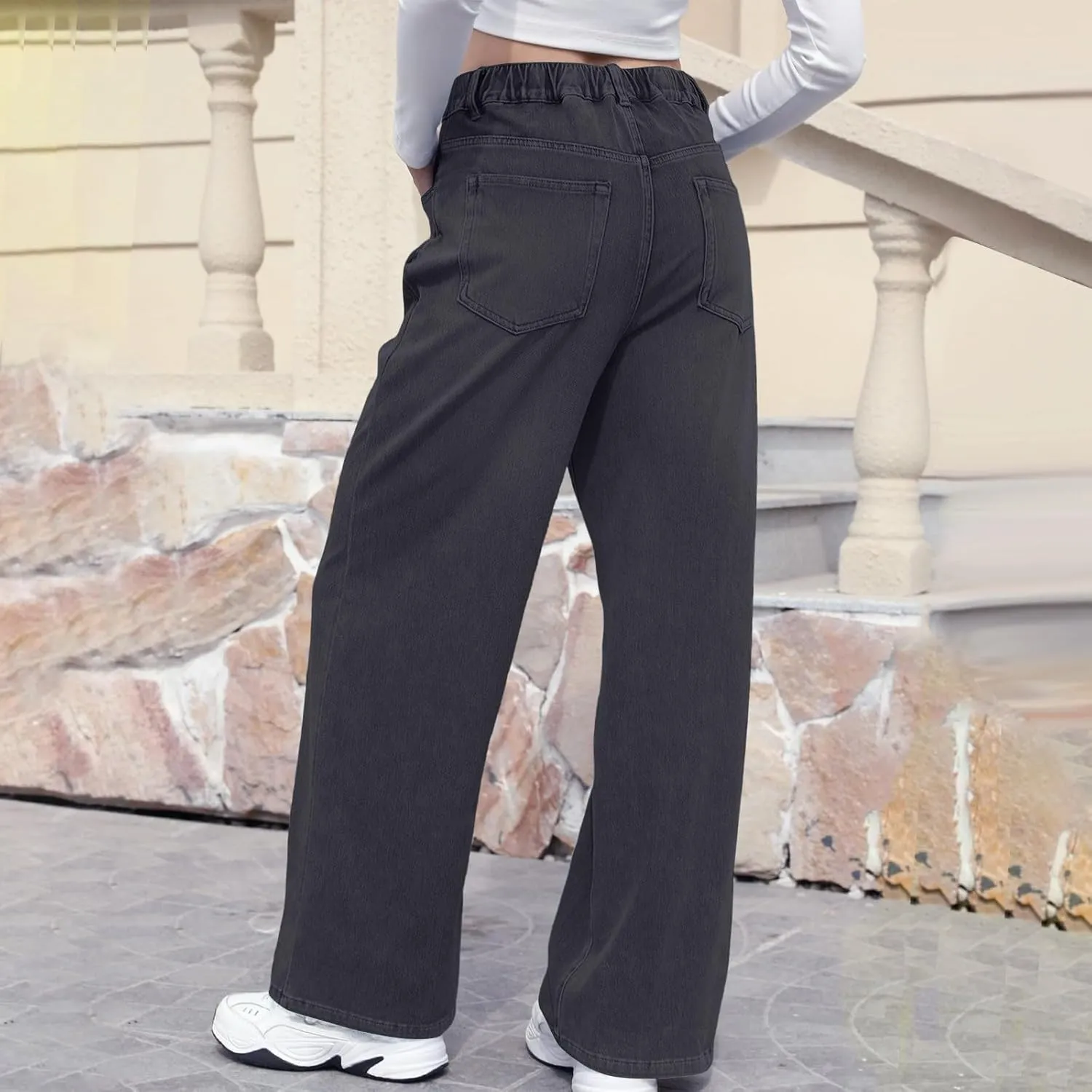 Straight Leg Jeans for Women Casual Elastic High Waisted Denim Pants with Pockets Classic Baggy Y2K Pull On Jean