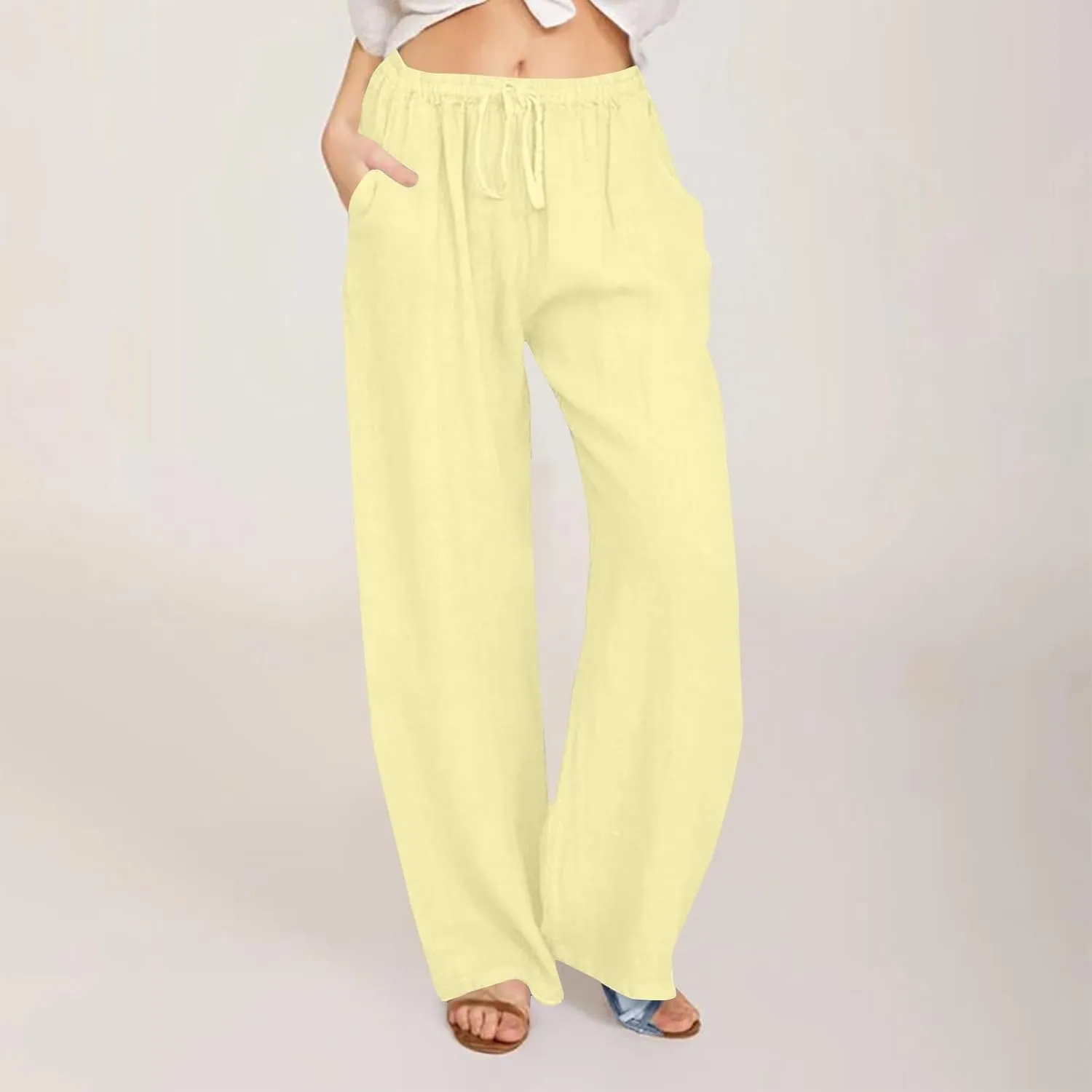 Sweatpants Women Cargo High Waisted,Pants Waist, Cotton Linen Wide Leg Trousers with Pockets Petite