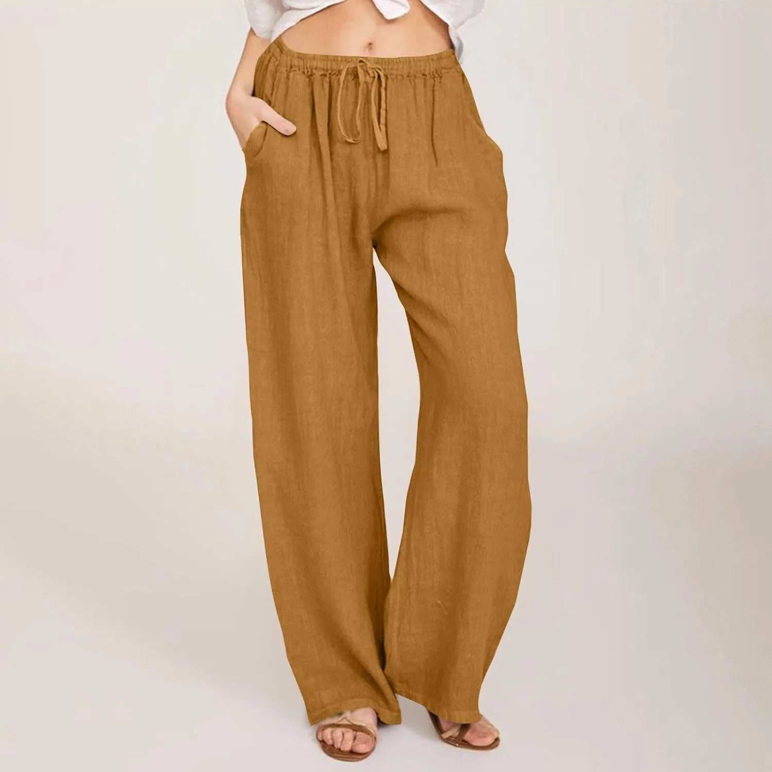 Sweatpants Women Cargo High Waisted,Pants Waist, Cotton Linen Wide Leg Trousers with Pockets Petite