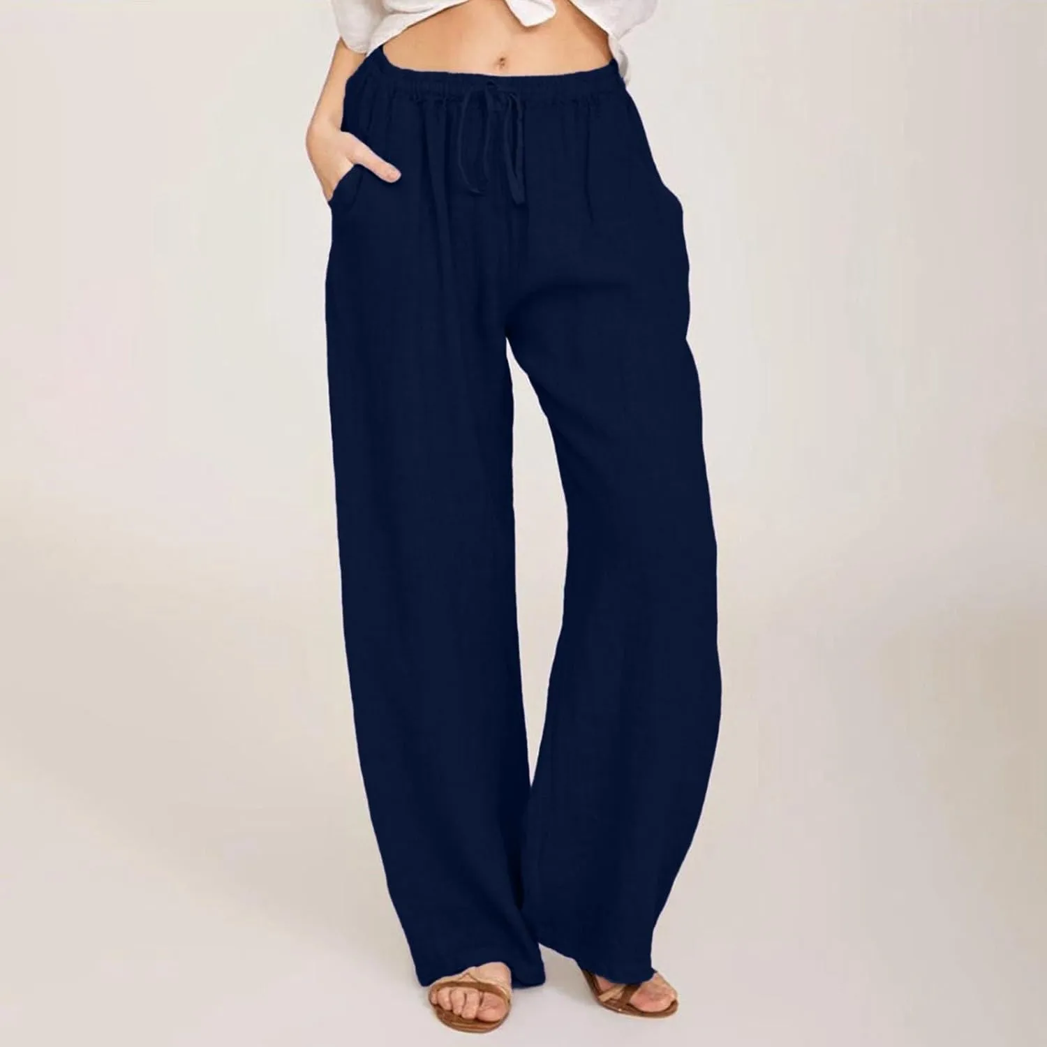 Sweatpants Women Cargo High Waisted,Pants Waist, Cotton Linen Wide Leg Trousers with Pockets Petite