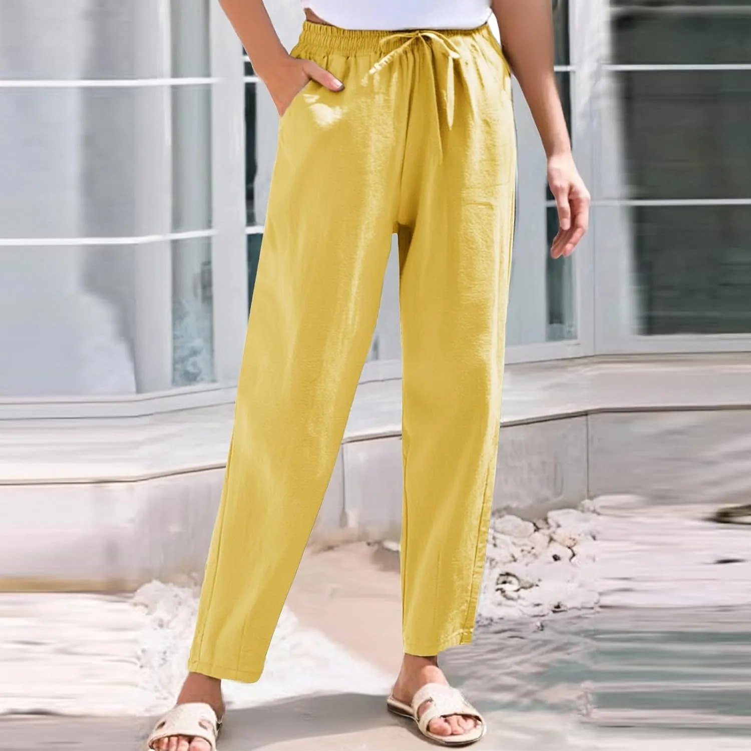 Sweatpants Women Golf Cotton Linen Low Rise,Wide Leg Pants Striped, Trousers with Pockets Baggy Wide