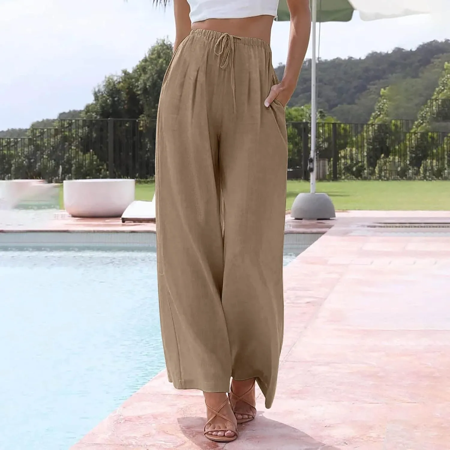 Sweatpants Women Trousers with Pockets Cotton Linen High Waisted Cargo, Travel Pants Wide Leg Summer Petite