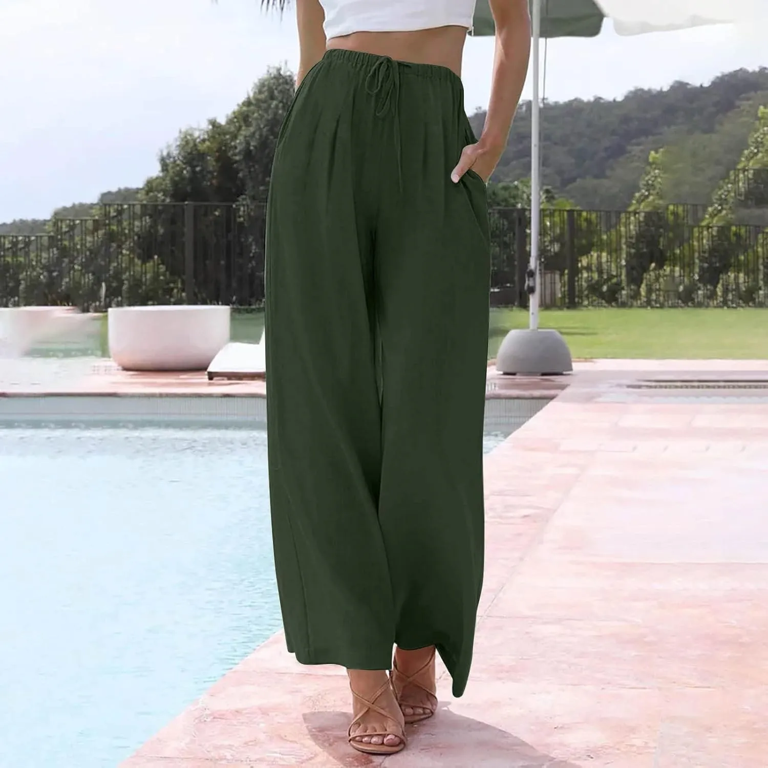 Sweatpants Women Trousers with Pockets Cotton Linen High Waisted Cargo, Travel Pants Wide Leg Summer Petite