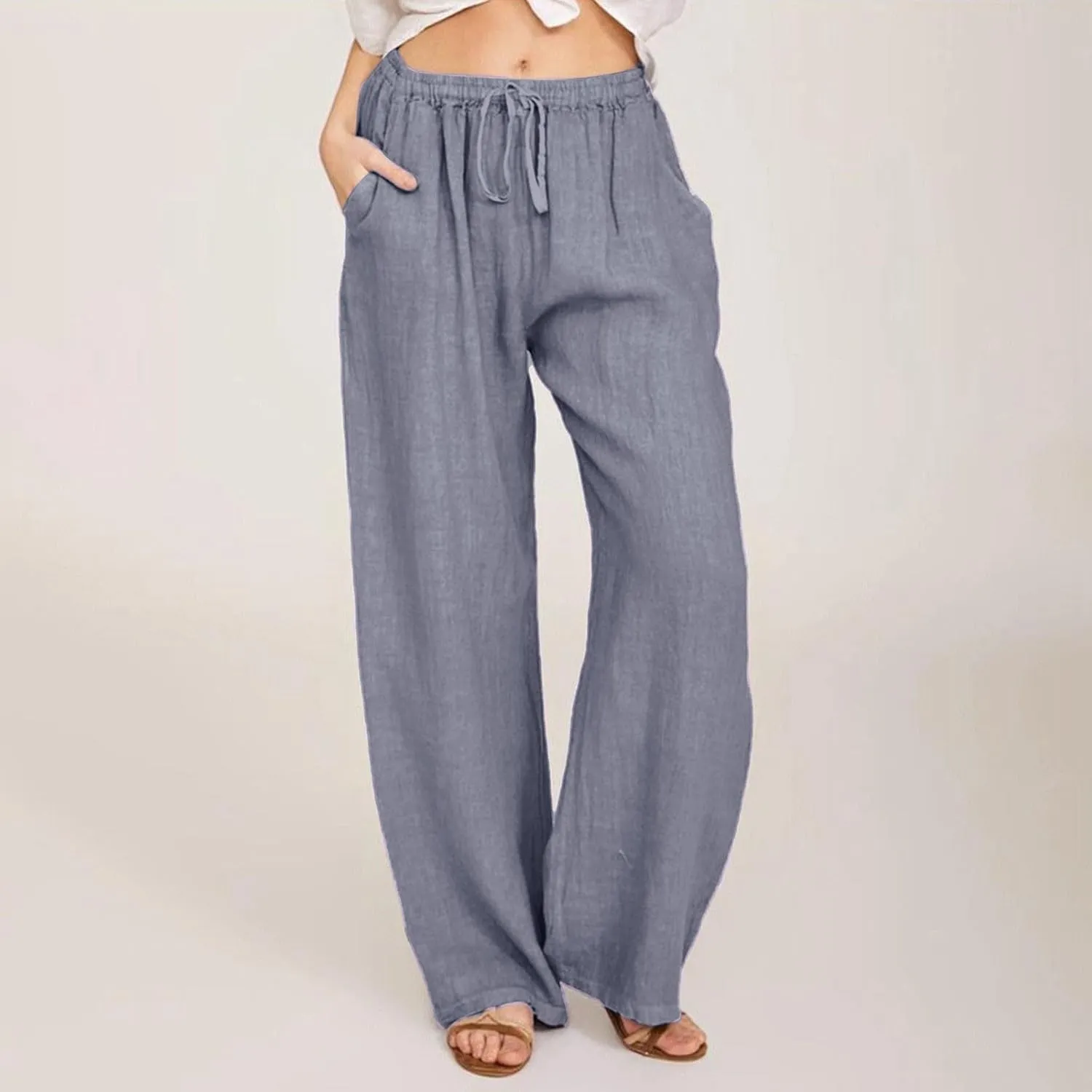 Sweatpants Women,Pants Petite, High Rise Baggy Wide Leg Golf Cotton Linen Trousers with Pockets
