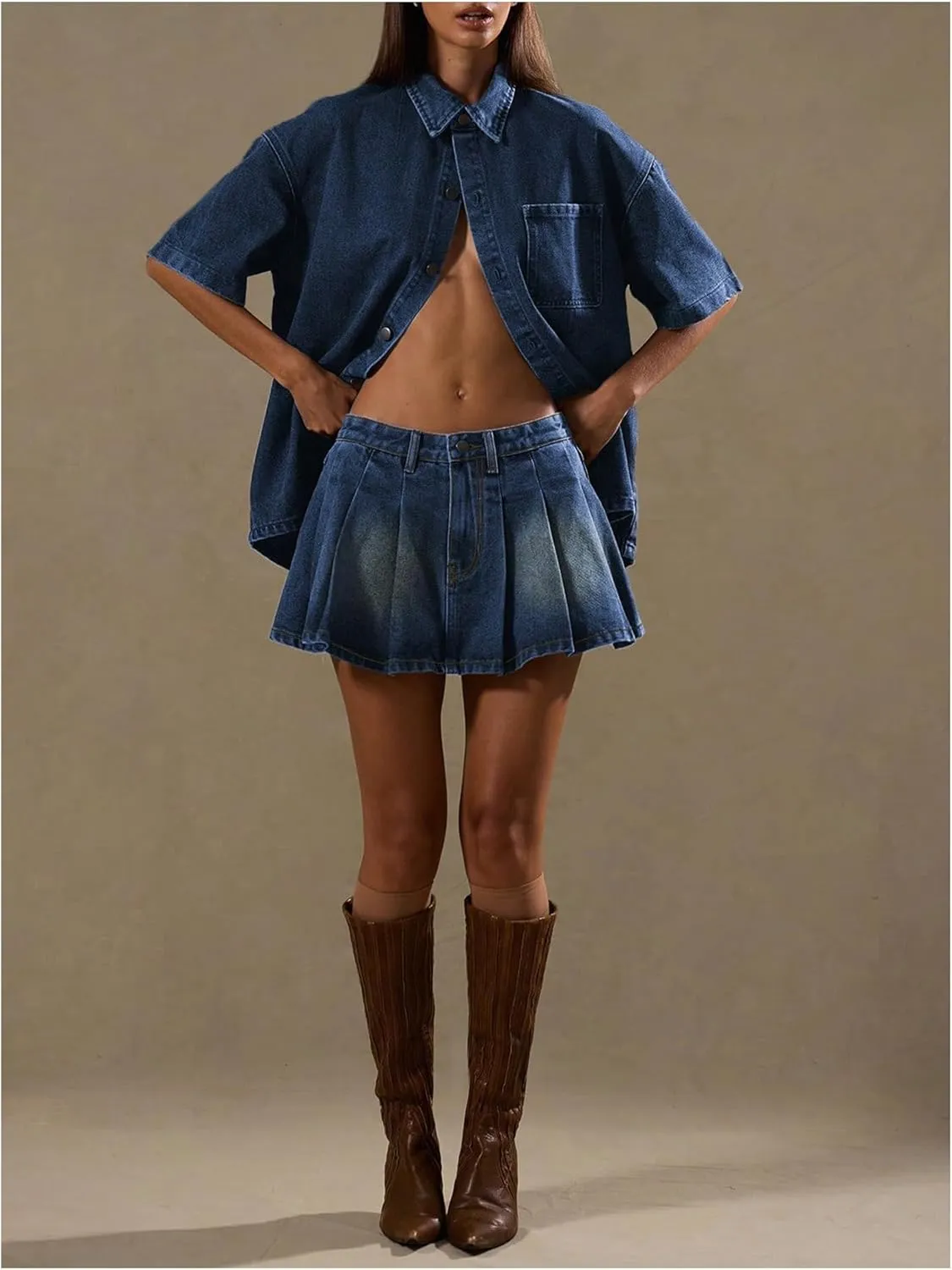 SweatyRocks Women's Pleated Denim Skirt Y2K Ruffle A Line Mini Skirts