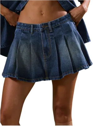 SweatyRocks Women's Pleated Denim Skirt Y2K Ruffle A Line Mini Skirts