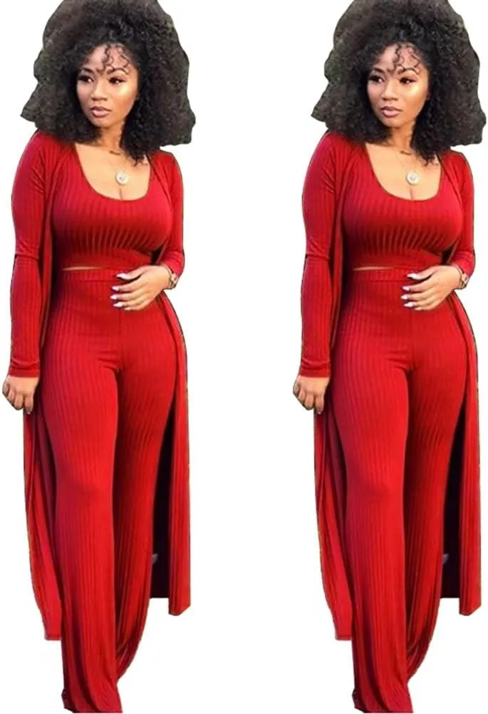 ThusFar Women 3 Piece Outfits Ottoman Rib Open Front Cardigan Cover Up Crop Tank Tops Wide Leg Palazzo Pant Set Jumpsuit