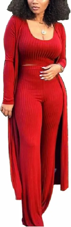ThusFar Women 3 Piece Outfits Ottoman Rib Open Front Cardigan Cover Up Crop Tank Tops Wide Leg Palazzo Pant Set Jumpsuit