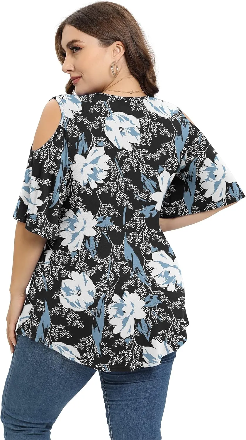 TIANZHU Plus Size Tops for Women Sexy Empire Waist Dressy Short Sleeve Shirts with Cold Shoulder Detail