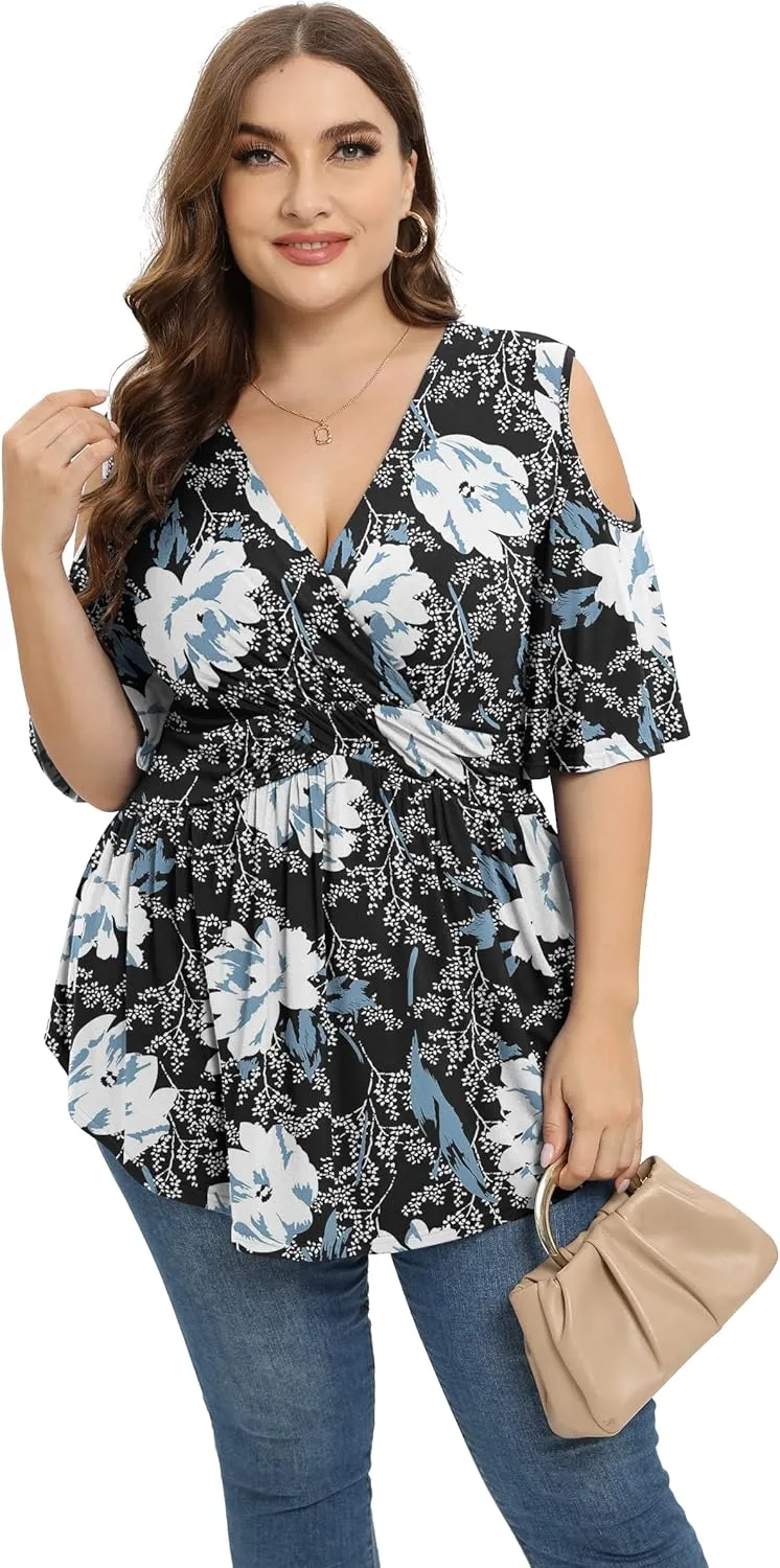 TIANZHU Plus Size Tops for Women Sexy Empire Waist Dressy Short Sleeve Shirts with Cold Shoulder Detail