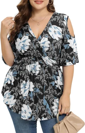 TIANZHU Plus Size Tops for Women Sexy Empire Waist Dressy Short Sleeve Shirts with Cold Shoulder Detail