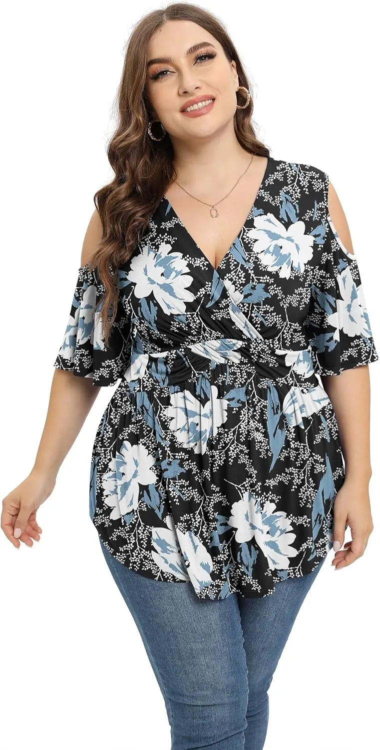 TIANZHU Plus Size Tops for Women Sexy Empire Waist Dressy Short Sleeve Shirts with Cold Shoulder Detail