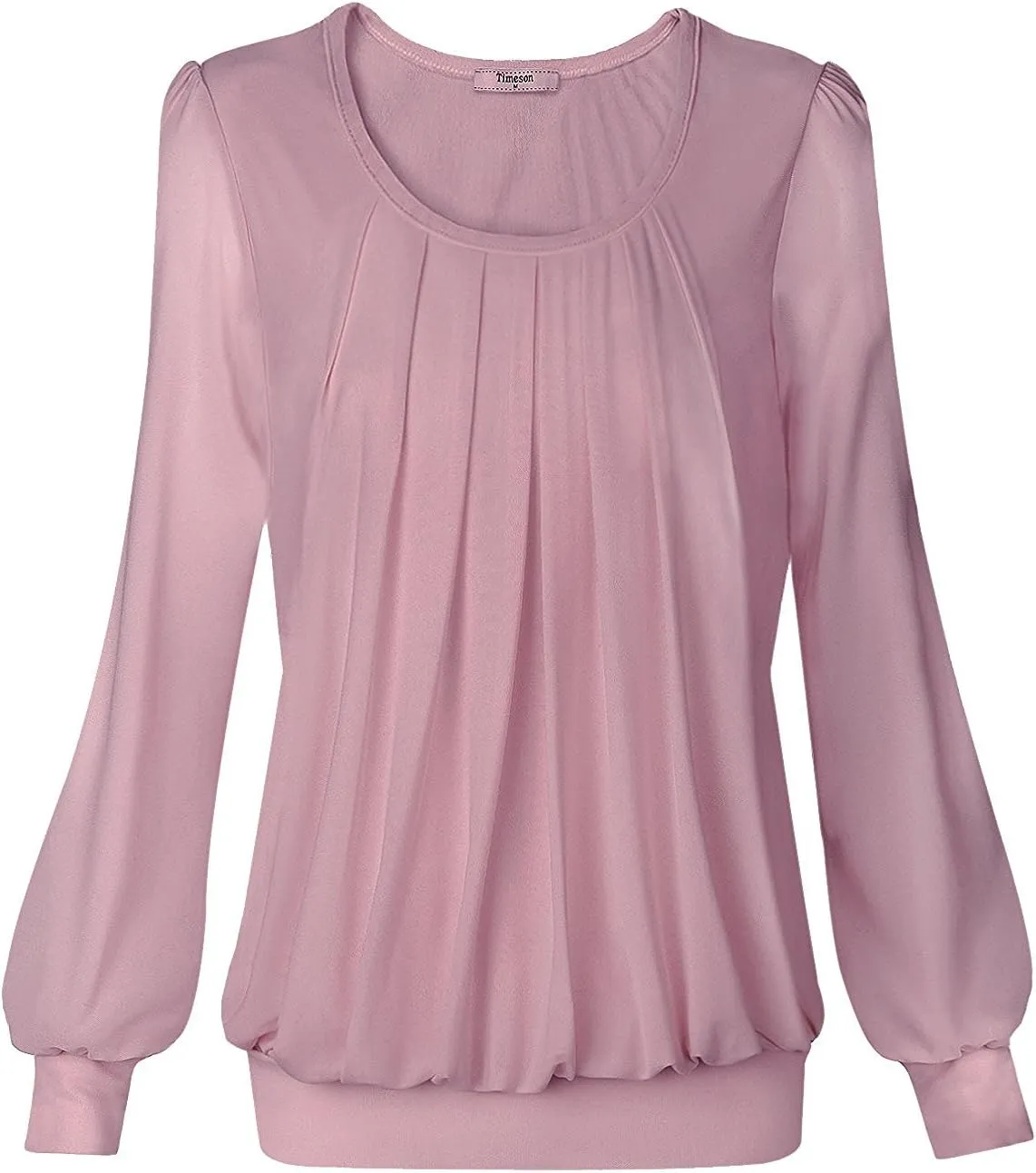 Timeson Women's Long Sleeve Scoop Neck Pleated Front Fitted Blouse Tops