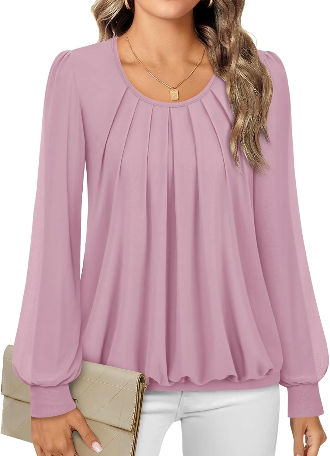 Timeson Women's Long Sleeve Scoop Neck Pleated Front Fitted Blouse Tops