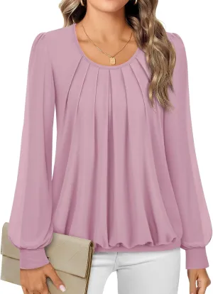 Timeson Women's Long Sleeve Scoop Neck Pleated Front Fitted Blouse Tops