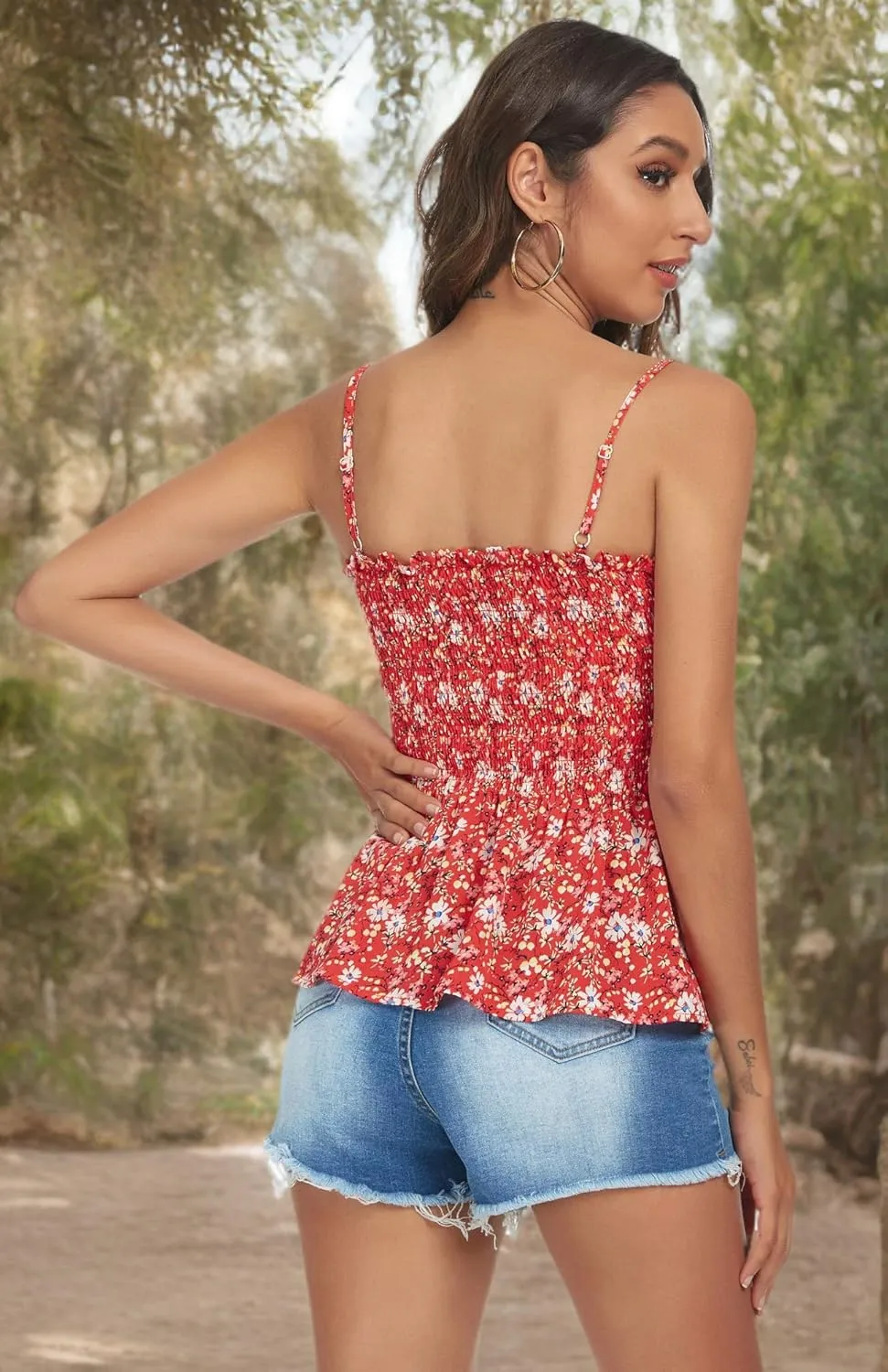Tribear Women's Casual Frill Smocked Cami Tank Tops Floral Shoulder Strap Vest