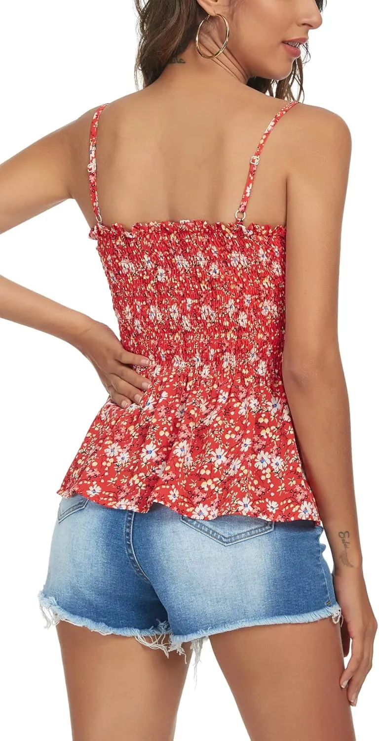 Tribear Women's Casual Frill Smocked Cami Tank Tops Floral Shoulder Strap Vest