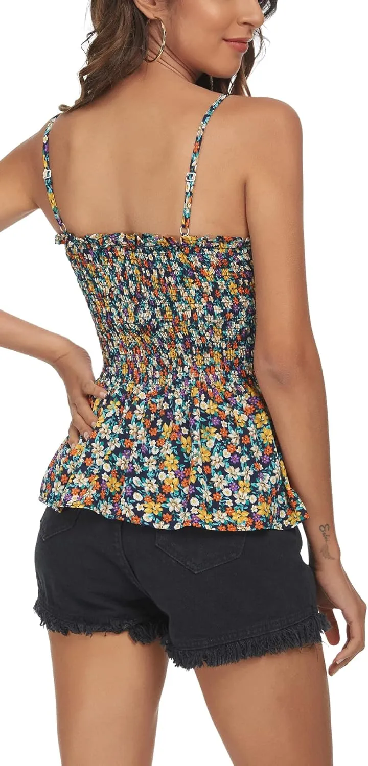 Tribear Women's Casual Frill Smocked Cami Tank Tops Floral Shoulder Strap Vest