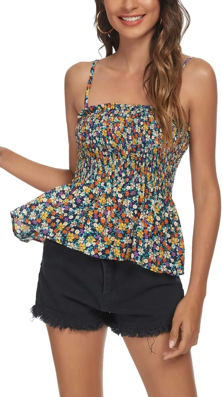 Tribear Women's Casual Frill Smocked Cami Tank Tops Floral Shoulder Strap Vest