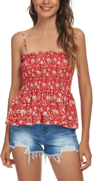 Tribear Women's Casual Frill Smocked Cami Tank Tops Floral Shoulder Strap Vest