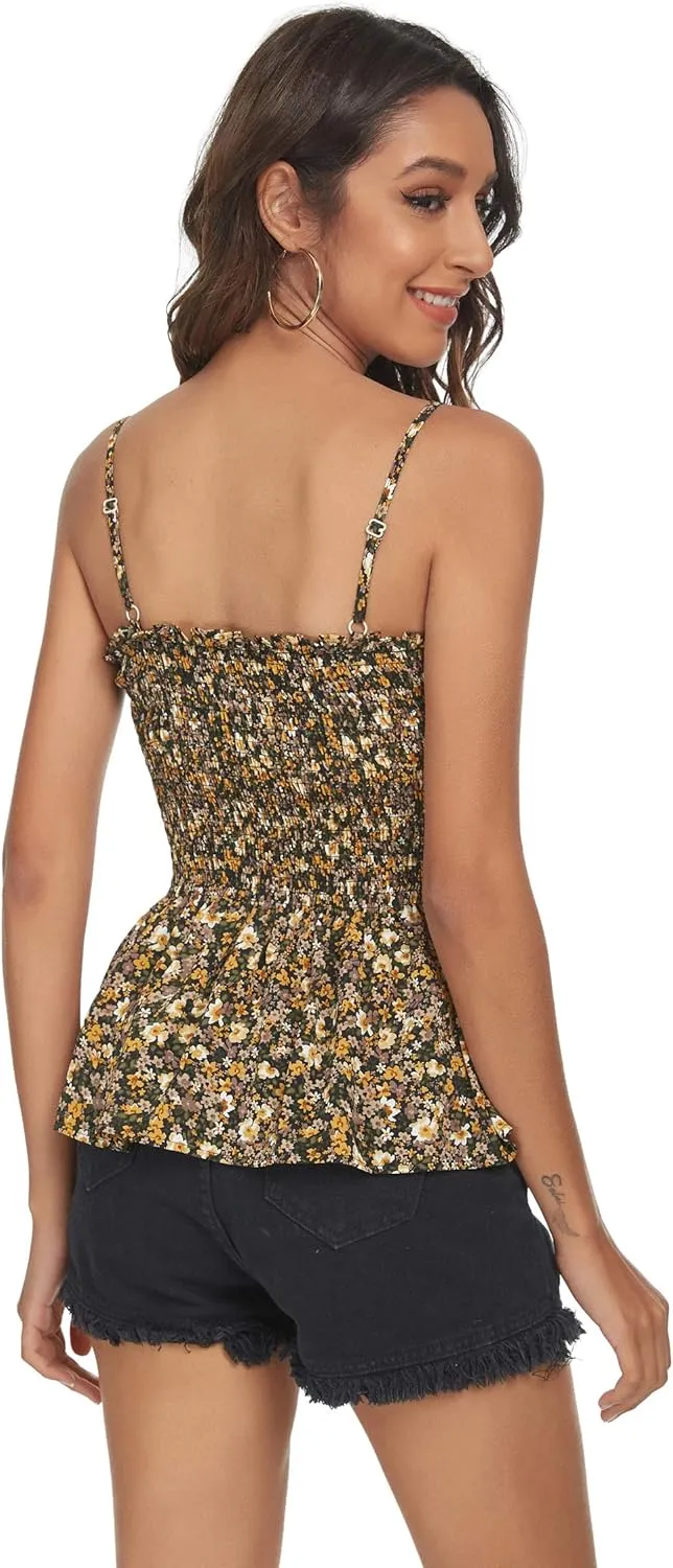 Tribear Women's Casual Frill Smocked Cami Tank Tops Floral Shoulder Strap Vest