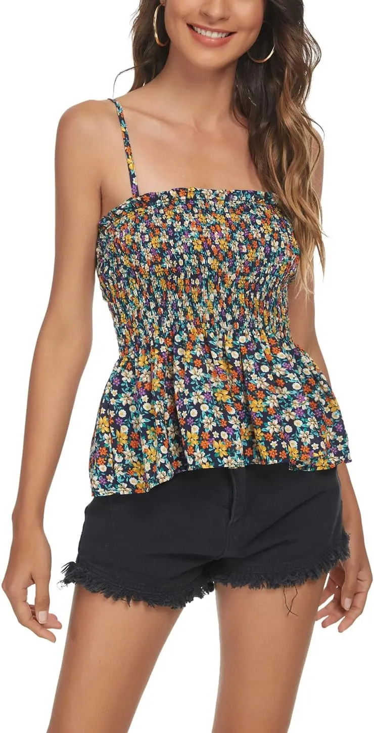 Tribear Women's Casual Frill Smocked Cami Tank Tops Floral Shoulder Strap Vest
