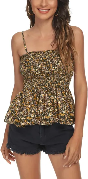 Tribear Women's Casual Frill Smocked Cami Tank Tops Floral Shoulder Strap Vest