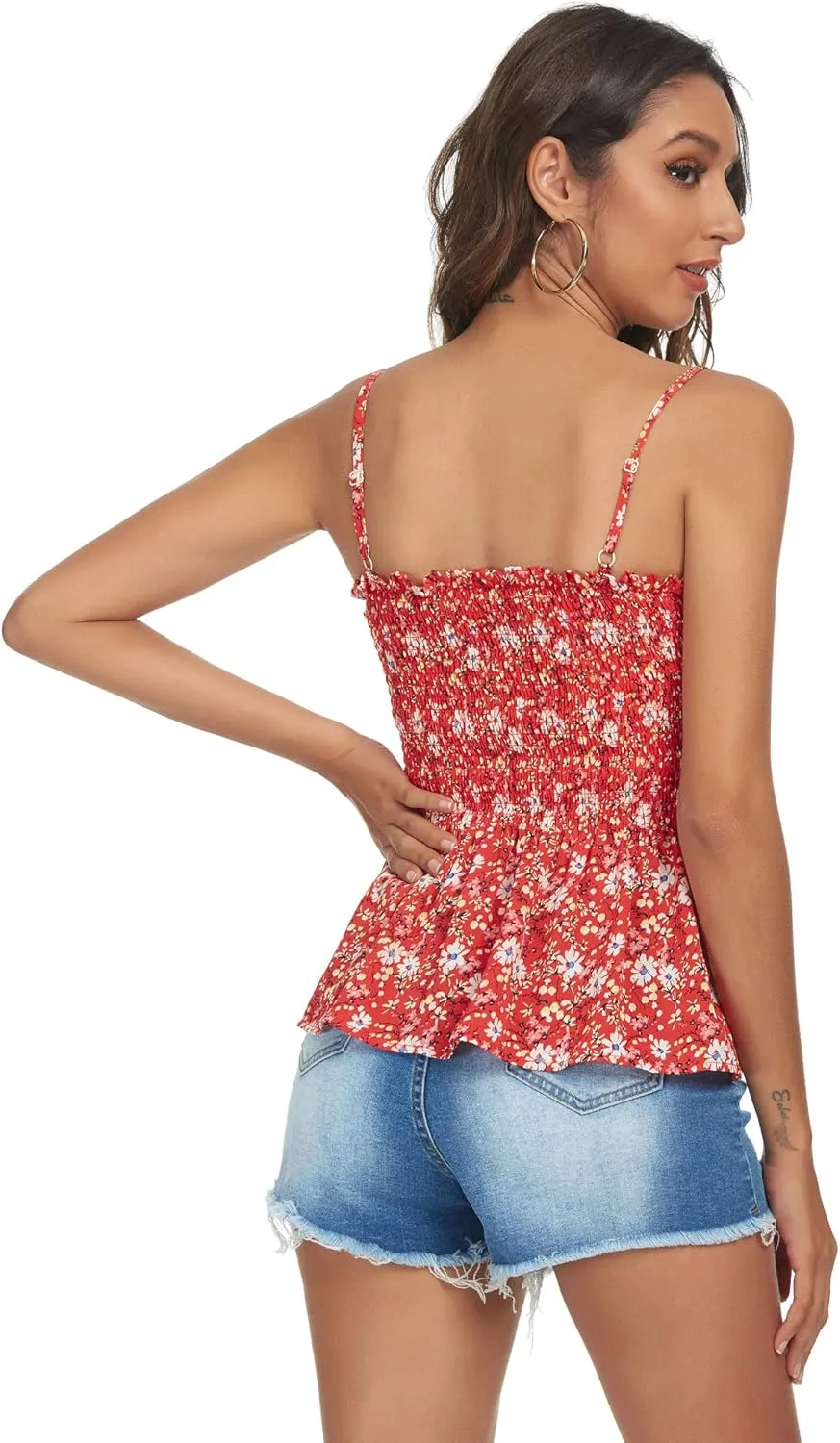 Tribear Women's Casual Frill Smocked Cami Tank Tops Floral Shoulder Strap Vest