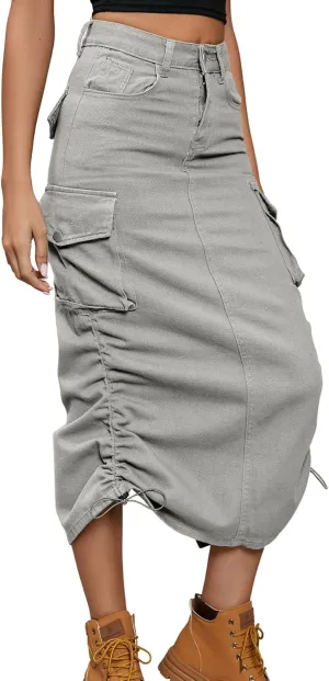 utcoco Women's Y2K Hippie Midi Jean Skirt High Waisted Drawstring Mid Long Denim Skirt with Multi Pocket