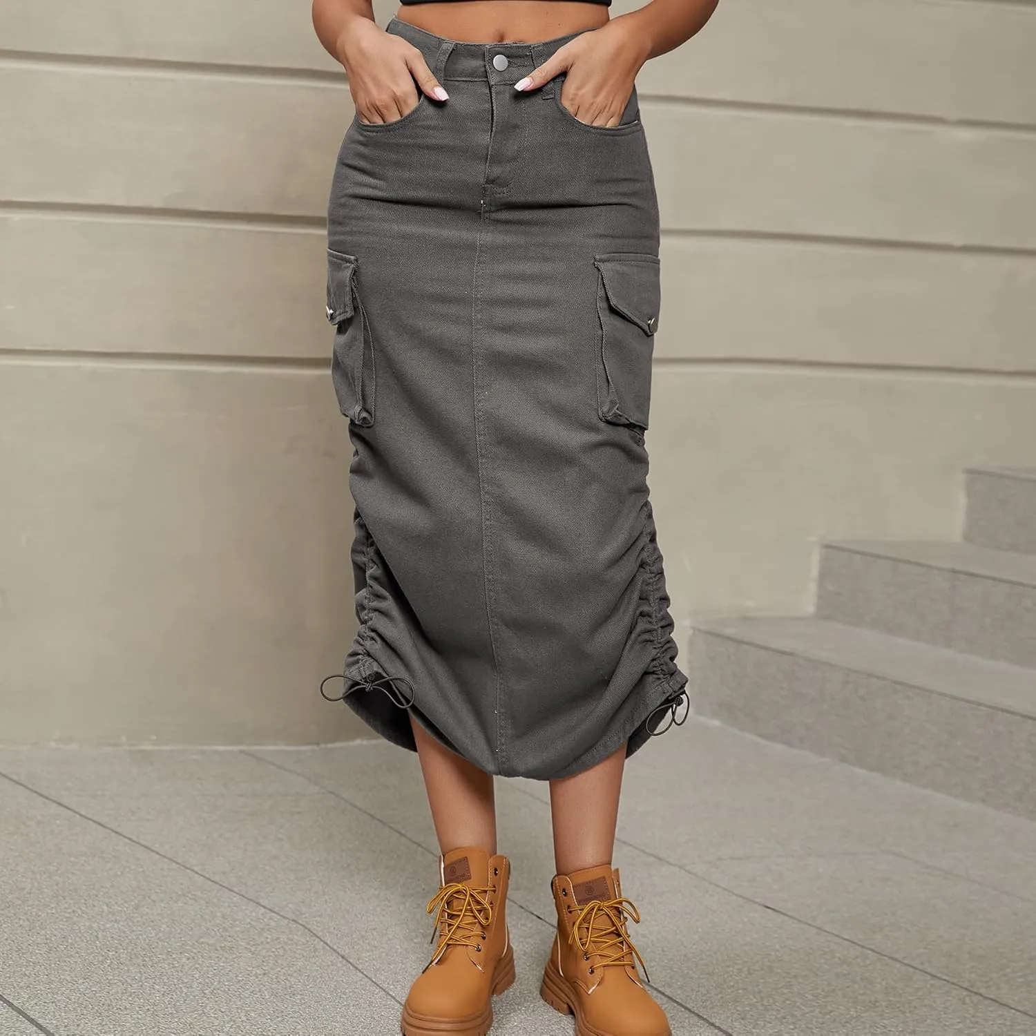 utcoco Women's Y2K Hippie Midi Jean Skirt High Waisted Drawstring Mid Long Denim Skirt with Multi Pocket