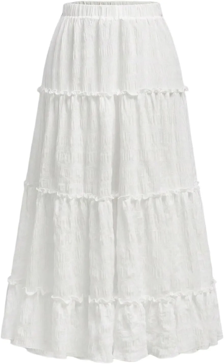 Verdusa Girl's Tiered Flowy Long Ruffle Skirt A Line Flared Elastic Waist Maxi Skirts