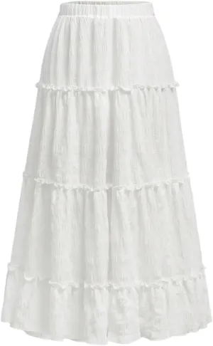 Verdusa Girl's Tiered Flowy Long Ruffle Skirt A Line Flared Elastic Waist Maxi Skirts