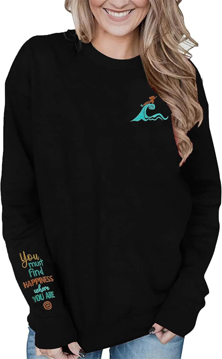 VILOVE Magic Kingdom Sweatshirt For Women You Must Find Happiness Pullover Sun And Waves Embroidered Long Sleeve Tops