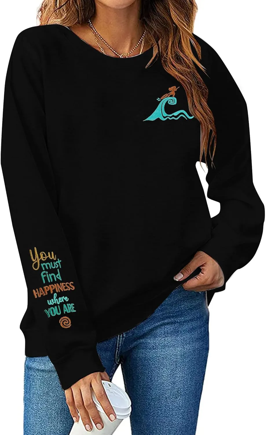 VILOVE Magic Kingdom Sweatshirt For Women You Must Find Happiness Pullover Sun And Waves Embroidered Long Sleeve Tops