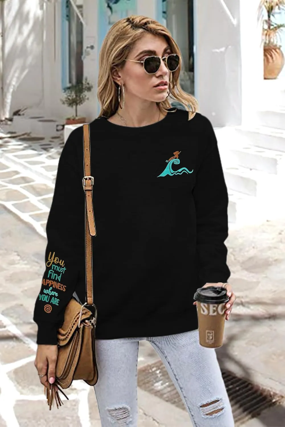 VILOVE Magic Kingdom Sweatshirt For Women You Must Find Happiness Pullover Sun And Waves Embroidered Long Sleeve Tops