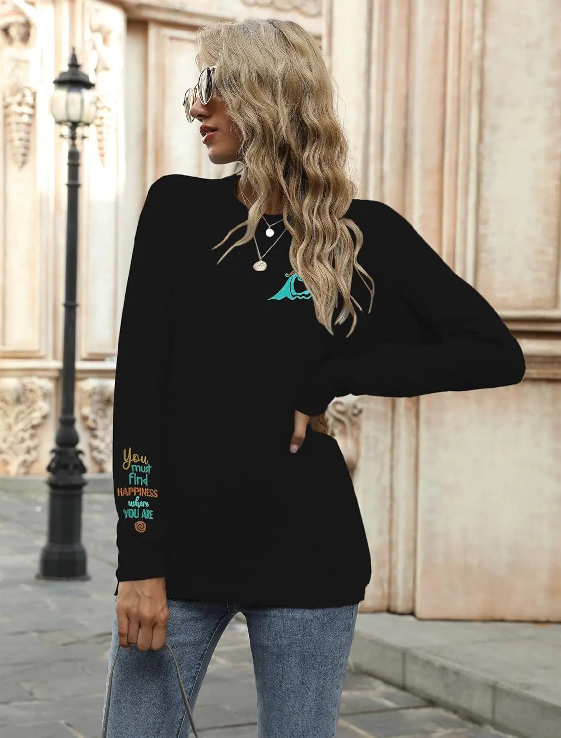 VILOVE Magic Kingdom Sweatshirt For Women You Must Find Happiness Pullover Sun And Waves Embroidered Long Sleeve Tops