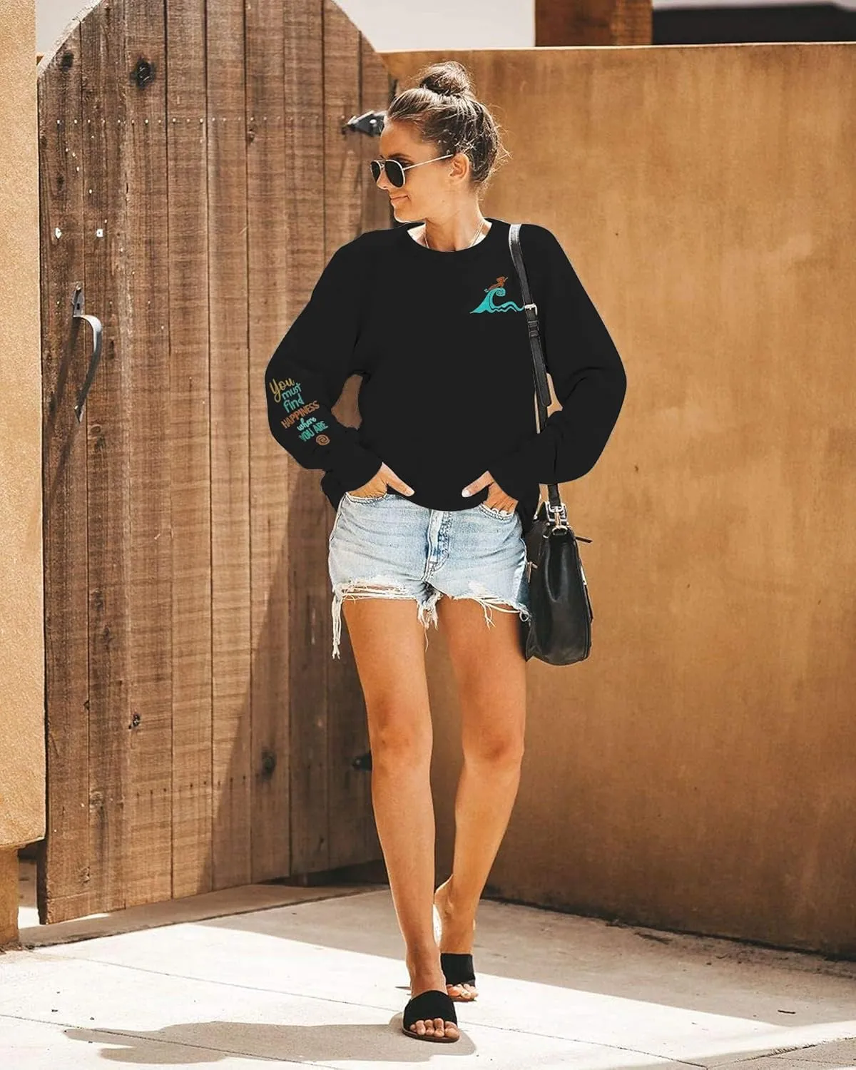 VILOVE Magic Kingdom Sweatshirt For Women You Must Find Happiness Pullover Sun And Waves Embroidered Long Sleeve Tops