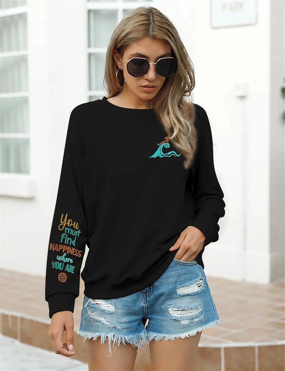 VILOVE Magic Kingdom Sweatshirt For Women You Must Find Happiness Pullover Sun And Waves Embroidered Long Sleeve Tops
