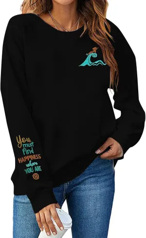 VILOVE Magic Kingdom Sweatshirt For Women You Must Find Happiness Pullover Sun And Waves Embroidered Long Sleeve Tops