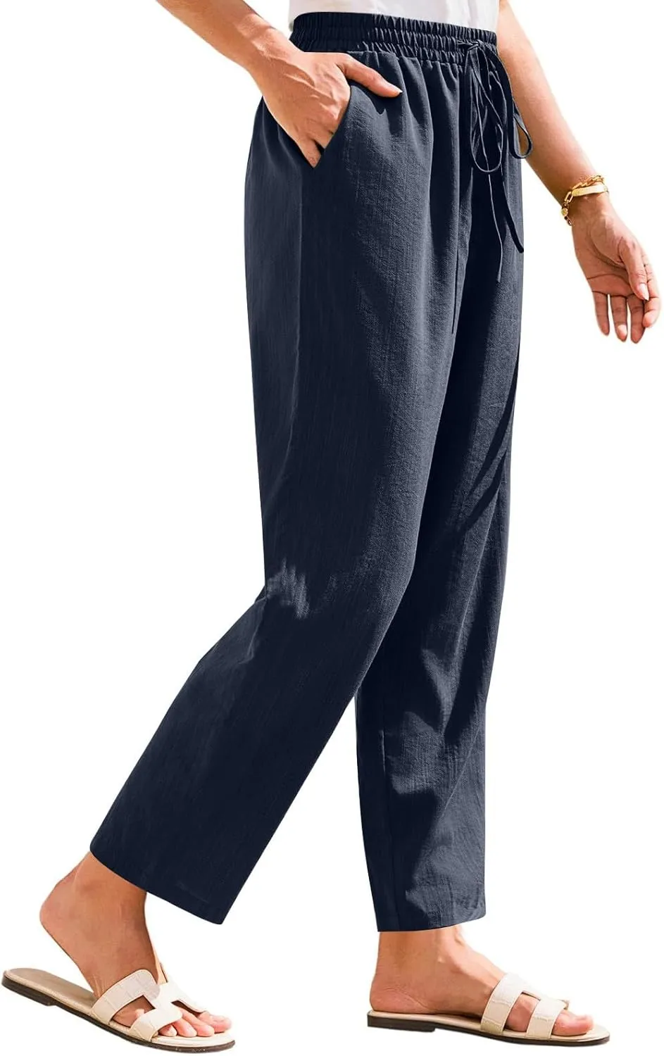 White Pants Women Wide Leg Summer, Work Pants Cargo Cotton Linen Trousers with Pockets Baggy Low Rise