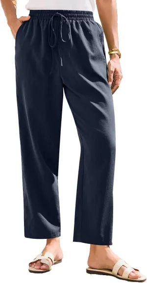 White Pants Women Wide Leg Summer, Work Pants Cargo Cotton Linen Trousers with Pockets Baggy Low Rise